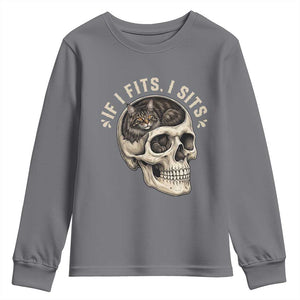 Funny Gothic Black Cat Skull Youth Sweatshirt If I Fits I Sits TS12 Charcoal Print Your Wear