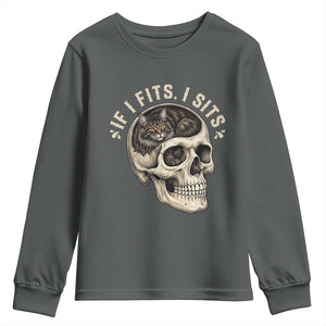 Funny Gothic Black Cat Skull Youth Sweatshirt If I Fits I Sits TS12 Dark Heather Print Your Wear
