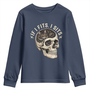 Funny Gothic Black Cat Skull Youth Sweatshirt If I Fits I Sits TS12 Navy Print Your Wear