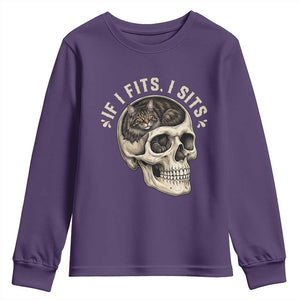 Funny Gothic Black Cat Skull Youth Sweatshirt If I Fits I Sits TS12 Purple Print Your Wear