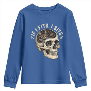 Funny Gothic Black Cat Skull Youth Sweatshirt If I Fits I Sits TS12 Royal Blue Print Your Wear
