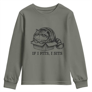 If I Fits I Sits Youth Sweatshirt Chubby Kitty Funny Cat Lover Gift TS12 Military Green Print Your Wear