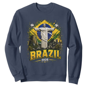 Brazilian Futbol 2026 Sweatshirt Christ The Redeemer Football Pride TS12 Navy Print Your Wear
