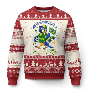 Off To Watch Futebol Ugly Christmas Sweater Funny Brazil Macaw Soccer Fan