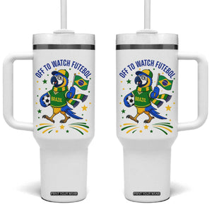 Off To Watch Futebol Tumbler With Handle Funny Brazil Macaw Soccer Fan