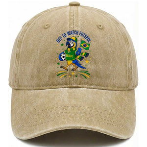 Off To Watch Futebol Washed Cotton Baseball Cap Funny Brazil Macaw Soccer Fan