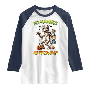 Halloween Mummy Raglan Shirt Funny Mo Mummies Mo Problems TS12 White Navy Print Your Wear