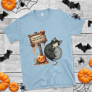 Halloween Trick Or Treat Black Cat Skeleton T Shirt TS12 Light Blue Print Your Wear