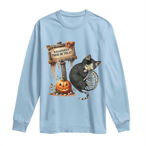Halloween Trick Or Treat Black Cat Skeleton Long Sleeve Shirt TS12 Light Blue Print Your Wear