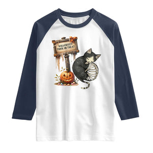 Halloween Trick Or Treat Black Cat Skeleton Halloween Raglan Shirt TS12 White Navy Print Your Wear