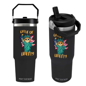 Cat Statue Of Liberty Flip Straw Tumbler Patriotic American Flag TS12 One Size: 30 oz Black Print Your Wear
