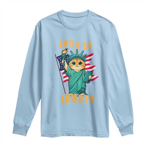 Cat Statue Of Liberty Long Sleeve Shirt Patriotic American Flag TS12 Light Blue Print Your Wear