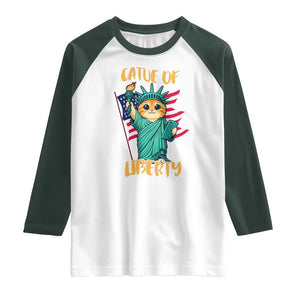 Cat Statue Of Liberty Raglan Shirt Patriotic American Flag TS12 White Dark Forest Green Print Your Wear