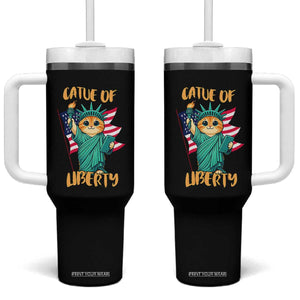 Cat Statue Of Liberty Tumbler With Handle Patriotic American Flag TS12 One Size: 40 oz Black Print Your Wear