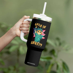 Cat Statue Of Liberty Tumbler With Handle Patriotic American Flag TS12 Print Your Wear