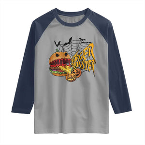 Halloween Burger Monster Raglan Shirt Scary Foodies TS12 Sport Gray Navy Print Your Wear