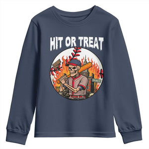 Funny Halloween Baseball Youth Sweatshirt Hit Or Treat Skeleton Player TS12 Navy Print Your Wear