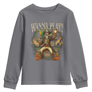 Halloween Baseball Youth Sweatshirt Funny Wanna Play Dabbing Pirate Skeleton Catcher TS12 Charcoal Print Your Wear