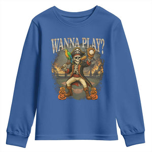 Halloween Baseball Youth Sweatshirt Funny Wanna Play Dabbing Pirate Skeleton Catcher TS12 Royal Blue Print Your Wear