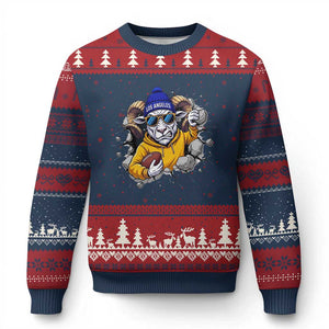 Los Angeles Sports Fan Gift Ugly Christmas Sweater Angry Ram Face Cracked Wall