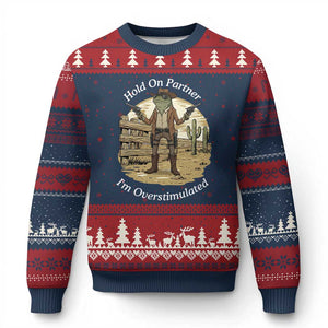 Hold On Partner I Am Overstimulated Ugly Christmas Sweater Funny Cowboy Frog TS12 Navy Red Print Your Wear