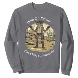 Hold On Partner I Am Overstimulated Sweatshirt Funny Cowboy Frog TS12 Charcoal Print Your Wear