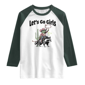 Cowboy Frog Riding Raccoon Raglan Shirt Let's Go Girls TS12 White Dark Forest Green Print Your Wear