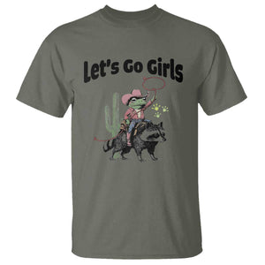 Cowboy Frog Riding Raccoon T Shirt Let's Go Girls TS12 Military Green Print Your Wear