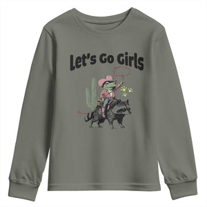 Cowboy Frog Riding Raccoon Youth Sweatshirt Let's Go Girls TS12 Military Green Print Your Wear
