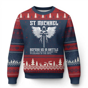 Saint Michael Defend Us In Battle Ugly Christmas Sweater Christian Faith Gift TS12 Navy Red Print Your Wear