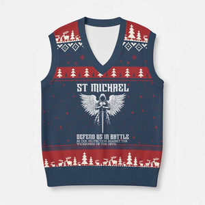 Saint Michael Defend Us In Battle V-Neck Knit Sweater Vest Christian Faith Gift TS12 Navy Red Print Your Wear