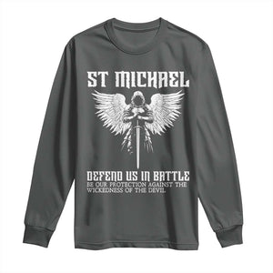 Saint Michael Defend Us In Battle Long Sleeve Shirt Christian Faith Gift TS12 Dark Heather Print Your Wear
