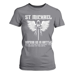 Saint Michael Defend Us In Battle T Shirt For Women Christian Faith Gift TS12 Charcoal Print Your Wear