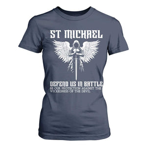 Saint Michael Defend Us In Battle T Shirt For Women Christian Faith Gift TS12 Navy Print Your Wear