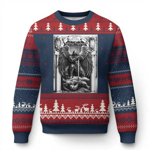 Saint Michael The Archangel Defeating Satan Ugly Christmas Sweater Christian Faith Gift TS12 Navy Red Print Your Wear