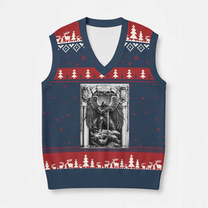 Saint Michael The Archangel Defeating Satan V-Neck Knit Sweater Vest Christian Faith Gift TS12 Navy Red Print Your Wear