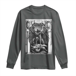 Saint Michael The Archangel Defeating Satan Long Sleeve Shirt Christian Faith Gift TS12 Dark Heather Print Your Wear