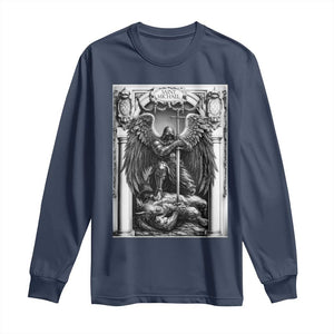 Saint Michael The Archangel Defeating Satan Long Sleeve Shirt Christian Faith Gift TS12 Navy Print Your Wear