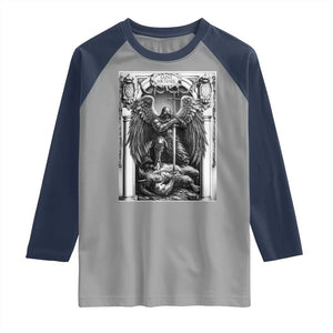 Saint Michael The Archangel Defeating Satan Raglan Shirt Christian Faith Gift TS12 Sport Gray Navy Print Your Wear