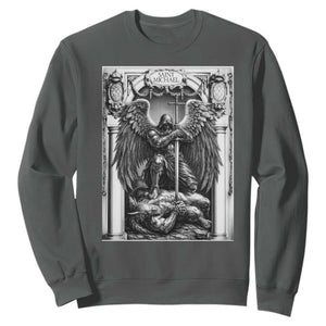 Saint Michael The Archangel Defeating Satan Sweatshirt Christian Faith Gift TS12 Dark Heather Print Your Wear