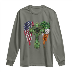 USA Flag Celtic Cross Irish American Long Sleeve Shirt St Patricks Day Gift TS12 Military Green Print Your Wear