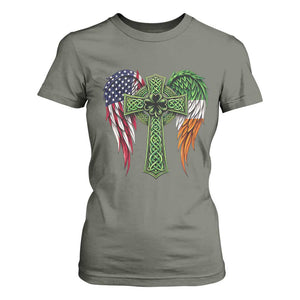 USA Flag Celtic Cross Irish American T Shirt For Women St Patricks Day Gift TS12 Military Green Print Your Wear