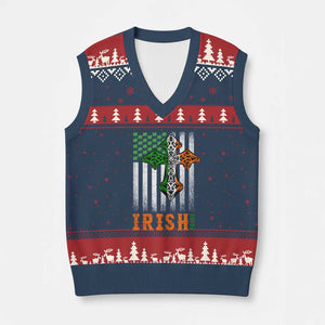Irish American Pride Celtic Cross USA Flag V-Neck Knit Sweater Vest St Patricks Day Gift TS12 Navy Red Print Your Wear