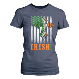 Irish American Pride Celtic Cross USA Flag T Shirt For Women St Patricks Day Gift TS12 Navy Print Your Wear