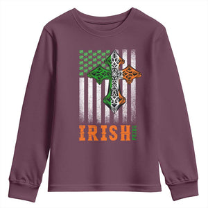 Irish American Pride Celtic Cross USA Flag Youth Sweatshirt St Patricks Day Gift TS12 Maroon Print Your Wear