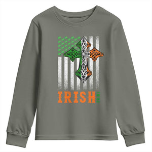 Irish American Pride Celtic Cross USA Flag Youth Sweatshirt St Patricks Day Gift TS12 Military Green Print Your Wear