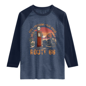 Vintage Route Highway 66 Gas Pump Raglan Shirt Fuel Freedom Flat Roads TS12 Heather Denim Navy Print Your Wear
