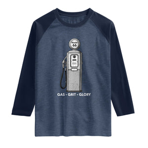 Route Highway 66 Americana Road Trip Raglan Shirt Gas Grill Glory TS12 Heather Denim Navy Print Your Wear