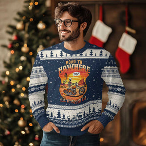 Funny Route Highway 66 Biker Skeleton Ugly Christmas Sweater Road To Adventure TS12 Navy Beige Print Your Wear