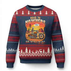 Funny Route Highway 66 Biker Skeleton Ugly Christmas Sweater Road To Adventure TS12 Navy Red Print Your Wear